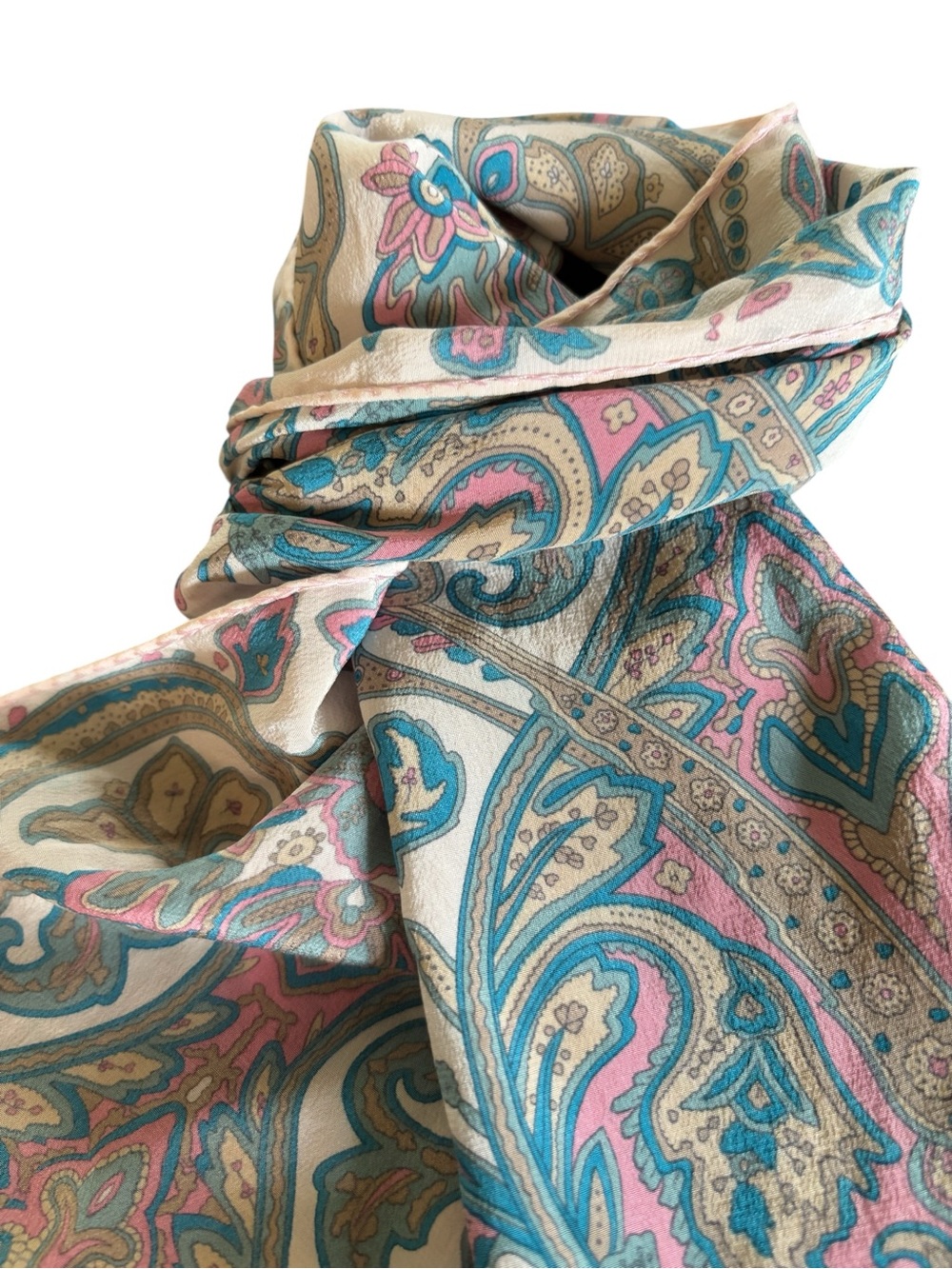 Ginnie Johansen 100% Silk Pink Blue Paisley Print Oblong Scarf 54” Made In Italy